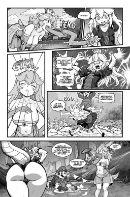 armband armwear big_breasts big_butt big_nose bodily_fluids boots bracelet breasts butt clothing cloud cross-eyed crown dialogue dress ear_piercing elbow_gloves eyelashes facial_hair female footwear frilly giant_mushroom gloves grass hair halo handwear headgear jewelry laces leotard loli long_hair long_tongue male motion_lines mustache onomatopoeia overalls piercing plant puffy_sleeves rock saliva sharp_teeth shell shoes small_breasts sound_effects speech_bubble spiked_armband spiked_bracelet spiked_shell spiked_tail spikes spikes_(anatomy) strapless_clothing strapless_dress strapless_leotard super_crown sweater tail teeth text thick_thighs tongue tongue_out topwear tree turtleneck wedgie wings young pencils_(artist) bowsette_meme mario_bros nintendo bowser jugem_(pencils) mario yoshi_(character) human humanoid koopa mammal scalie absurd_res comic english_text greyscale hi_res meme monochrome