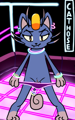 anthro bottomwear bottomwear_down clothed clothing female genitals glowstick_bracelet glowstick_necklace panties pants pants_down partially_clothed presenting presenting_vulva solo underwear undressing vulva limxxaa nintendo pokemon alolan_form alolan_meowth generation_7_pokemon pokemon_(species) regional_form_(pokemon) 5:8 absurd_res hi_res
