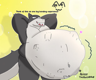 ambiguous_gender ambiguous_prey anthro belly big_belly grey_body group male male_pred text vore skelcat11 aquatic fish shark english_text hi_res