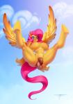 2015 absurd_res animal_genitalia anthro anthrofied areola balls big_breasts biped blue_eyes breasts cloud cutie_mark cutie_mark_on_balls equid equine feathered_wings feathers flaccid fluttershy_(mlp) friendship_is_magic genitals gynomorph hair hasbro hi_res hooves huge_breasts intersex long_hair mammal my_little_pony mythological_creature mythological_equine mythology nipples nude outside pegasus penis pink_hair solo spread_legs spreading white-devil wings yellow_body yellow_feathers