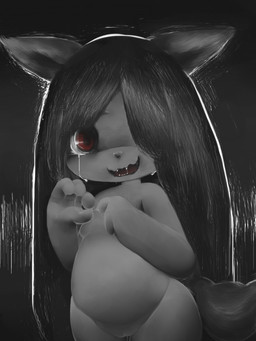 4_fingers anthro black_ears black_hair black_tail bodily_fluids breasts crying featureless_breasts female female_anthro fingers genitals glistening glistening_eyes glistening_hair hair kemono long_hair looking_at_viewer nude one_eye_obstructed open_mouth red_eyes simple_background solo tail tears vulva young young_anthro hasukii anghel_(hasukii) canid canine ghost mammal spirit 3:4 hi_res shaded unfinished