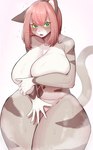 anthro big_breasts blush breast_grab breast_squish breasts covering covering_breasts curvy_figure female front_view fur grey_body grey_fur hair hand_on_breast huge_breasts huge_thighs kemono looking_at_viewer pink_hair solo squish tail thick_thighs whiskers wide_hips denyfake capcom monster_hunter monster_hunter_stories_2:_wings_of_ruin tsukino_(monster_hunter_stories) felid feline felis felyne lynian mammal palico absurd_res hi_res