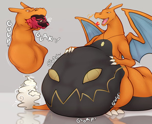 belly belly_mouth big_belly burping digestion digestion_noises duo fatal_vore hand_on_belly head_in_mouth huge_belly in_throat male male/male male_pred male_prey neck_bulge onomatopoeia oral_head_gulp oral_vore same_size_vore simple_background sound_effects swallowing text vore makar-ro nintendo pokemon brady_(sleepy_brady) charizard dusknoir generation_1_pokemon generation_4_pokemon generation_7_pokemon hybrid_pokemon incineroar pokemon_(species) absurd_res hi_res