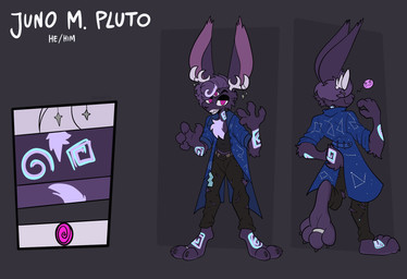 3_eyes anthro antlers blue_body blue_fur bottomwear cheek_tuft chest_tuft clothed clothing denim denim_bottomwear denim_clothing digit_ring facial_tuft feet fur glowing glowing_markings hair half-closed_eyes horn jacket jeans jewelry male markings multi_eye narrowed_eyes open_clothing open_jacket open_topwear pants purple_body purple_fur purple_hair ring sharp_teeth shirt smile smirk smug smug_face smug_grin solo tank_top teeth text toe_ring toes topwear torn_bottomwear torn_clothing torn_pants tuft xing1 juno_(jackel_usami) jackalope lagomorph mammal english_text hi_res model_sheet