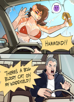 against_surface angry anthro bedroom_eyes big_breasts bikini bikini_top blush breast_squish breasts breasts_on_glass brown_hair car car_wash clothing dominant dominant_female driving duo fangs female fur hair looking_at_viewer male narrowed_eyes on_glass pink_nose sabertooth_(anatomy) seductive silly soap sponge squish stripes suds swimwear tan_body tan_fur teeth text thick_thighs tongue tongue_out triangle_bikini two-piece_swimsuit two_panel_image under_boob vehicle water windshield tianiseul top_gear jeremy_clarkson toofer felid human mammal prehistoric_species saber-toothed_tiger absurd_res english_text hi_res meme