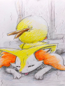 ambiguous_anthro ambiguous_gender anthro biped bodily_fluids detailed_background emanata eyes_closed front_view inside lying object_in_tail on_front snout solo stick stick_in_tail sweat tail tongue tongue_out eiroru nintendo pokemon braixen canid generation_6_pokemon mammal pokemon_(species) 2018 3:4 colored_pencil_(artwork) full-length_portrait graphite_(artwork) hi_res japanese_description portrait traditional_media_(artwork) translated_description
