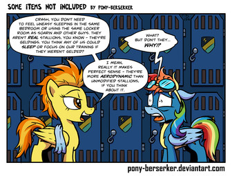 blue_body blue_feathers clothing dialogue duo eyewear feathered_wings feathers female feral genital_mutilation genital_torture goggles locker locker_room mutilation skinsuit text tight_clothing wings wonderbolts_uniform yellow_body yellow_feathers pony-berserker friendship_is_magic hasbro my_little_pony mythology rainbow_dash_(mlp) spitfire_(mlp) wonderbolts_(mlp) equid equine mammal mythological_creature mythological_equine pegasus 2016 comic english_text one_panel_comic url