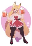 alcohol barmaid beer beverage biped black_clothing black_footwear black_shoes blonde_hair bow_(feature) bow_clothing breasts choker cleavage clothed clothed_female clothed_humanoid clothing clothing_bow dipstick_ears dipstick_tail dress ear_markings eyebrows eyelashes facial_markings female female_humanoid footwear hair head_markings holding_beer holding_beverage holding_object jewelry legwear long_hair markings multi_tail multicolored_ears necklace open_mouth red_choker red_eyes red_jewelry red_necklace simple_background solo stockings tail tail_markings thick_thighs thigh_highs white_tail_tip seamen animal_humanoid canid canid_humanoid canine canine_humanoid fox_humanoid humanoid mammal mammal_humanoid 2020 artist_name digital_media_(artwork) hi_res