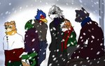 anthro black_body black_fur blue_body blue_feathers brown_body brown_fur clothed clothing feathers fully_clothed fur green_body green_skin grey_body grey_fur group male melanistic orange_body orange_fur snow winter rath_raholand nintendo star_fox bill_grey falco_lombardi fox_mccloud leon_powalski panther_caroso wolf_o'donnell avian bulldog canid canine canis chameleon domestic_dog felid feline fox lizard mammal mastiff molosser pantherine reptile scalie wolf