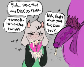 after_fellatio after_oral after_orgasm after_sex anthro balls black_clothing black_robe blush blush_lines bodily_fluids clothed clothed_anthro clothed_male clothing cough cum cum_drip cum_in_mouth cum_inside cum_on_face cum_on_hand cum_on_penis cum_on_tongue degradation dialogue disgust dripping duo eyes_mostly_closed floppy_ears fur genital_fluids genitals green_clothing green_robe gynomorph gynomorph/male head_tuft horn insult intersex intersex/male larger_anthro larger_male linked_speech_bubble looking_at_hands looking_down lop_ears male narrowed_eyes nude_anthro nude_male penis pink_clothing pink_horn pink_scarf robe scarf shaming size_difference smaller_anthro smaller_male speech_bubble sweat sweatdrop talking_to_another talking_to_partner text tongue tuft white_body white_fur tommyowo deltarune undertale_(series) ralsei susie_(deltarune) bovid caprine darkner goat mammal reptile scalie english_text