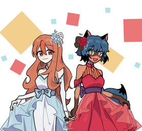 black_body black_fur black_hair blue_body blue_eyes blue_fur blue_hair brown_body brown_fur brown_hair clothed clothing duo female fluffy fluffy_tail fur hair interlocked_fingers long_hair looking_at_viewer multicolored_body multicolored_fur multicolored_hair open_mouth tail caffeicbunny brand_new_animal studio_trigger michiru_kagemori nazuna_hiwatashi shirou_ogami animal_humanoid canid canid_humanoid canine canine_humanoid human humanoid mammal mammal_humanoid raccoon_dog tanuki tanuki_humanoid hi_res