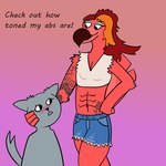 abs andromorph anthro bottomwear clothing crop_top denim denim_bottomwear denim_clothing denim_shorts duo feathers hand_on_head hand_on_hip intersex pink_body pink_feathers shirt shorts standing tail tattoo topwear fetchbunny anonymous_character natey_(ritts) avian bird flamingo