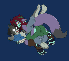 anthro biped blue_tongue bulge bulge_from_behind butt clothed clothing duo embarrassed feet footwear fur gaiters grey_body grey_fur gynomorph hair intersex looking_at_viewer looking_back looking_back_at_viewer male male/male pawpads plantigrade plantigrade_pawpads presenting presenting_hindquarters purple_body purple_fur red_hair submissive submissive_male tongue yellow_sclera ashuumancer rawronoa_zowo elancia_chronicles verse_mcdowell xan_gryphon canid canine fox lagomorph leporid mammal rabbit alpha_channel hi_res trans_(lore) trans_woman_(lore)