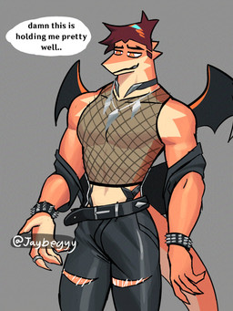 5_fingers anthro belt black_bottomwear black_clothing black_pants black_wings bottomwear bracelet brown_hair clothing digit_ring finger_ring fingers fishnet_clothing fishnet_topwear grey_background hair jacket_around_arms jewelry male neck_accessory necklace orange_body orange_eyes pants pendant simple_background solo speech_bubble spiked_bracelet spikes standing tail text topwear torn_bottomwear torn_clothing wings jaybeyyy mythology aldrake_(jaybeyyy) dragon mythological_creature mythological_scalie scalie 2025 3:4 digital_media_(artwork) english_text hi_res portrait three-quarter_portrait