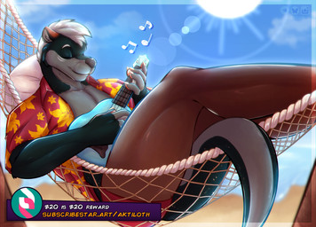 anthro beach bottomwear butt claws clothed clothing eyes_closed flower_shirt fur hammock light lute male multicolored_body multicolored_fur music musical_instrument musical_note musical_symbol open_clothing open_shirt open_topwear otter_tail pawpads pillow plant playing_music plucked_string_instrument sand shirt string_instrument subscribestar_logo sunlight swimming_trunks swimwear symbol tail text topwear tree ukulele water aktiloth subscribestar mammal mustelid otter hi_res url