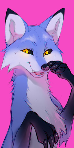 ambiguous_gender big_claws black_claws black_markings black_nose black_sclera blue_body blue_fur cheek_tuft chest_tuft claws cute_fangs facial_tuft fangs feral fur looking_away markings nude open_mouth pink_background simple_background smile solo teeth tuft yellow_eyes azzai canid canine fox mammal 2022 colored colored_sketch digital_drawing_(artwork) digital_media_(artwork) shaded sketch