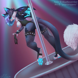 anthro breasts camel_toe clothing corset ear_piercing fangs female legwear lingerie membrane_(anatomy) membranous_wings nipple_piercing nipples nude piercing pole solo stockings striptease teeth thong topwear underwear wings jackalope_(artist) aylin_(character) bat felid hybrid mammal 1:1 2015 hi_res