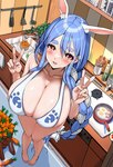 accessory bacon big_breasts bikini blue_hair blush bow_ribbon braided_hair breasts bulging_breasts carrot circle_eyebrows clothing collarbone double_v_sign eyebrows eyelashes feet female food gesture glistening glistening_breasts hair hair_accessory hair_bow hair_ribbon hand_gesture huge_breasts inner_ear_fluff inside kitchen kitchen_spatula kitchen_utensils looking_at_viewer meat plant red_eyes ribbons solo spatula swimwear tools tuft two-piece_swimsuit v_sign vegetable white_hair kntrs hololive vtuber pekomama animal_humanoid humanoid lagomorph lagomorph_humanoid leporid_humanoid mammal mammal_humanoid rabbit_humanoid 2025 hi_res