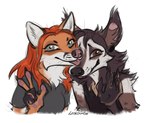 anthro brown_eyes clothed clothing duo female fur gesture hair hand_gesture male orange_body orange_fur orange_hair tongue tongue_out v_sign lostgoose lostgoose_(character) canid canine fox mammal colored_sketch hi_res sketch