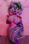 3d_(artwork) 4_fingers absurd_res anthro areola black_nose breasts claws clothed clothing digital_media_(artwork) ear_piercing ear_ring female fingers five_nights_at_freddy's five_nights_at_freddy's:_security_breach glistening glistening_body green_claws green_highlights grey_hair hair hi_res highlights_(coloring) lipstick looking_at_viewer lordwolf lying makeup nipples on_side panties piercing pink_nipples prick_ears purple_lipstick ring_piercing roxanne_wolf scottgames solo steel_wool_studios tongue tongue_out topless topless_anthro topless_female underwear yellow_eyes