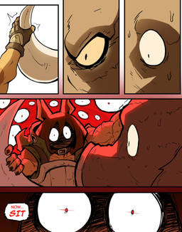 5_fingers ambiguous_gender anthro bodily_fluids brown_body brown_fur brown_hair death_glare dialogue duo female feral fingers fur glare hair intimidation nervous red_eyes scared sweat text tusk_grab tusks wide_eyed ceehaz dog_knight_rpg rory_(ceehaz) canid canine canis dobermann domestic_dog mammal pinscher suid suine sus_(pig) wild_boar 2025 absurd_res comic english_text hi_res