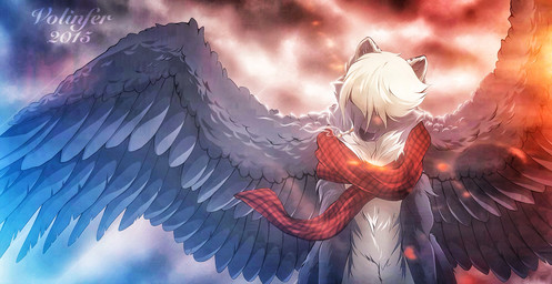 anthro clothed clothing feathered_wings feathers hair male solo standing wings volinfer canid hybrid mammal 2015 digital_media_(artwork) hi_res