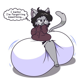 ambiguous_gender anthro arms_bent big_diaper black_hair black_nose brown_clothing brown_jacket brown_topwear clean_diaper clothed clothing diaper ellipsis fur grey_body grey_fur grey_inner_ear_fluff hair half-closed_eyes hand_on_face hand_on_hip huge_diaper inner_ear_fluff jacket narrowed_eyes simple_background solo standing straight_legs text thought_bubble three-quarter_view topwear tuft wearing_diaper white_background zipper dummydoodles joel_(sanicgamer1999) domestic_cat felid feline felis mammal english_text full-length_portrait hi_res portrait