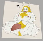 anthro balls barefoot beard belly big_belly blonde_hair blue_eyes body_hair chest_hair facial_hair feet fur genitals hair horn hyper hyper_genitalia long_ears male mature_male nipples overweight overweight_male penis solo white_body white_fur rokie38 undertale undertale_(series) asgore_dreemurr bovid caprine goat mammal hi_res