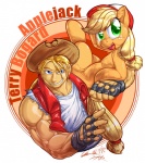 blonde_hair blue_eyes clothing cowboy_hat duo female feral fingerless_gloves freckles gloves green_eyes hair handwear hat headgear headwear male open_mouth ponytail tail 0r0ch1 fatal_fury friendship_is_magic hasbro my_little_pony snk applejack_(mlp) terry_bogard earth_pony equid equine horse human mammal pony 2012 hi_res