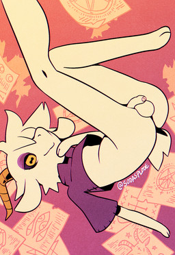 anthro ass_up baaddie_(sodasplode) balls clothing crop_top floppy_ears fluffy fluffy_tail foreskin genitals horizontal_pupils horn humanoid_genitalia humanoid_penis makeup male occult_symbol paper penis pupils shirt sigil simple_background small_penis solo stitch_(sewing) symbol syrupside_down tail toony topwear sodasplode bovid caprine demon goat mammal hi_res