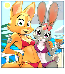 anthro beach beverage bikini border clothing duo female flower_on_head glass looking_at_viewer seaside sun swimwear two-piece_swimsuit white_border qalcove disney dreamworks the_bad_guys zootopia diane_foxington judy_hopps canid canine fox lagomorph leporid mammal rabbit 2022 crossover hi_res