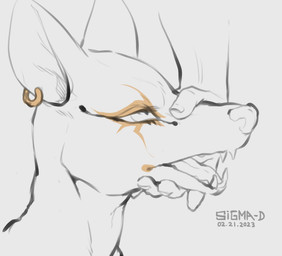 anthro disembodied_hand ear_piercing ear_ring eyelashes fangs female fingers makeup markings mouth_play open_mouth piercing ring_piercing simple_background snout solo teeth text tongue tongue_out white_background sigma-d laila_(sigma-d) anubian_jackal canid canine canis jackal mammal 2023 artist_name dated digital_media_(artwork) hi_res portrait signature sketch