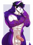 abs anthro balls biceps biped black_hair black_nose blue_eyes chest_tuft claws erection fur genitals hair humanoid_genitalia humanoid_penis looking_at_viewer male muscular muscular_anthro muscular_male navel nude pecs penis purple_body purple_fur purple_hair simple_background solo standing string tuft vein veiny_penis white_body white_fur sollyz shyloc canid canine canis fox hybrid mammal wolf hi_res