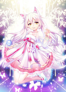 clothed clothing dress female hair long_hair magic magical_girl_outfit multi_tail pigtails ribbons solo tail tied_hair white_hair yellow_eyes koutei_penguin kaku-san-sei_million_arthur animal_humanoid canid canid_humanoid canine canine_humanoid felid fox fox_humanoid humanoid mammal mammal_humanoid hi_res source_request