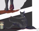 2015 absurd_res anthro barrel big_breasts biped black_body black_fur blue_eyes breasts candy canid canine canis chocolate claws dessert digital_media_(artwork) female food fur hi_res hindpaw looking_at_viewer mammal multicolored_body multicolored_fur nipples nude one_eye_closed orka pawpads paws sitting solo sticky toe_claws two_tone_body two_tone_fur white_body white_fur wink wolf zecho