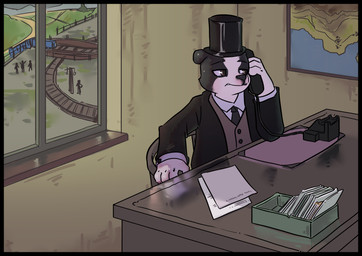 alternate_species anthro black_body black_clothing black_fur black_suit blue_body brown_eyes clothing desk electronics field fur furniture furrification hat headgear headwear inside machine male map multicolored_body multicolored_fur office overweight overweight_anthro overweight_male paper paper_stack phone phone_call railway_track steam_locomotive suit table top_hat train vehicle white_body white_fur window crowskull mattel the_railway_series thomas_and_friends background_character gordon_the_big_engine sir_topham_hatt animate_inanimate canid canine canis dire_machine dire_train dire_vehicle domestic_dog living_machine living_train living_vehicle mammal staffordshire_bull_terrier 2025 absurd_res digital_media_(artwork) hi_res redraw