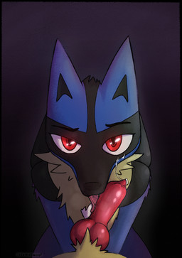 abstract_background ambiguous_gender ambiguous_on_bottom animal_genitalia animal_penis anthro black_body black_fur blue_body blue_fur bodily_fluids breath canine_genitalia canine_penis chest_spike duo erection eyebrows first_person_view fluffy fluffy_chest foreplay fur genital_fluids genitals glistening glistening_genitalia glistening_penis imminent_fellatio imminent_oral intimate intraspecies kneeling knot knotted_penis licking looking_at_viewer male male/ambiguous male_pov narrowed_eyes neck_tuft on_bottom oral penile penis penis_lick precum precum_on_face precum_on_partner precum_string raised_eyebrow red_eyes red_penis saliva saliva_string sex simple_background solo_focus spikes spikes_(anatomy) tan_body tan_fur tongue toony top_pov tuft vein veiny_penis internetwoof nintendo pokemon generation_4_pokemon lucario pokemon_(species) digital_drawing_(artwork) digital_media_(artwork) hi_res shaded signature