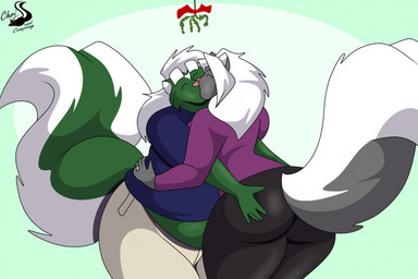 anthro bottomwear butt butt_grab clothing digit_ring duo eyes_closed female finger_ring hand_on_butt jewelry kissing male mistletoe pants plant sweater topwear chrisandcompany chris_t._snuggleskunk kelsey_sienna mammal mephitid skunk hi_res