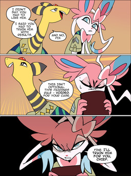 anthro anthrofied black_body blue_body blue_eyes blue_fur clothed clothed_anthro clothing duo fur male open_mouth pink_body pink_ears pink_fur pokemorph text white_body white_fur yellow_body yellow_ears odeko-yma nintendo pokemon pokemon_mystery_dungeon spike_chunsoft pix_(odeko-yma) ampharos eeveelution generation_2_pokemon generation_6_pokemon pokemon_(species) sylveon absurd_res comic english_text hi_res