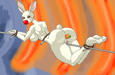 5_fingers 5_toes anal anal_penetration anthro apple bdsm breasts brown_eyes butt carrot character_prepared_as_food feet female fingers food food_fetish food_gag food_in_ass food_insertion food_play fruit fur gag genitals imminent_death improvised_sex_toy nipples penetration pink_nipples pink_vulva plant roasting_spit rope solo tail toes vegetable vulva white_body white_fur white_nose cookingart beastars haru_(beastars) lagomorph leporid mammal rabbit shaded