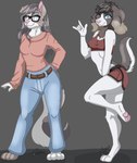 anthro belt blue_eyes bottomwear bracelet breasts brown_body brown_eyes brown_fur brown_markings cleavage clothed clothing crop_top denim denim_bottomwear denim_clothing devil_horns_(gesture) duo eyewear female floppy_ears fur gesture glasses grey_body grey_fur grey_hair grey_markings hair hand_gesture hand_on_hip heterochromia jeans jewelry lgbt_pride long_hair looking_at_viewer markings midriff navel neck_tuft one_eye_closed pants pawpads paws pride_colors raised_leg raised_tail shirt short_hair shorts slim smile spots sweater tail topwear transgender_pride_colors tuft white_body white_fur wink zer0rebel4 discord_(app) telegram autumn_(zer0rebel4) sage_(zer0rebel4) bird_dog canid canine canis collie domestic_dog herding_dog hunting_dog mammal mixed_breed pastoral_dog sheepdog spaniel 2025 absurd_res hi_res gynomorph_(lore) sibling_(lore) sister_(lore) sisters_(lore) trans_(lore) trans_woman_(lore)