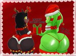 anthro bell big_butt black_hair bottomwear brown_body brown_ears brown_fur brown_tail butt butt_focus butt_size_difference christmas_clothing christmas_headwear christmas_present clothing duo fake_antlers fake_horns femboy fur gift gloves green_body hair handwear hat headgear headwear holding_gift holding_object holidays huge_butt ineffective_clothing looking_back male multicolored_body multicolored_fur orange_eyes red_background red_bottomwear red_clothing red_shorts red_thong red_topwear red_tube_top red_underwear ribbons santa_hat shorts simple_background tail thick_thighs thigh_ring thong topwear tube_top two_tone_body two_tone_fur underwear wide_hips yellow_eyes te_dizzle christmas jay_(sqoon) lucas_(sssonic2) canid canine canis dobermann domestic_dog humanoid mammal pinscher puwa hi_res intersex_(lore)