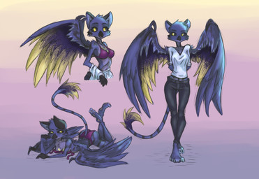 4_toes aligned_feet anthro arm_support arm_tuft arms_bent barefoot beak bent_arm black_beak black_body black_claws black_fur black_sclera bottomwear bra breasts butt calves_up cheek_tuft claws cleavage clothed clothing denim denim_bottomwear denim_clothing elbow_tuft facial_markings facial_tuft feathers feet female fur furgonomics gloves_(marking) gradient_background hair hand_on_face hands_behind_back head_markings jeans looking_aside looking_at_viewer lying markings multicolored_body multicolored_fur multiple_poses on_front open_beak open_mouth panties pants pawpads pink_pawpads plantigrade pose purple_body purple_feathers purple_fur purple_hair raised_calf shirt short_hair simple_background soles solo standing straight_legs striped_markings stripes tail tail_tuft thin_tail toeless_(marking) toes topwear tuft underwear wavy_tail wings yellow_body yellow_eyes yellow_feathers yellow_fur tinygaypirate mythology stella_(btpoke) avian gryphon mythological_avian mythological_creature half-length_portrait hi_res multiple_images portrait