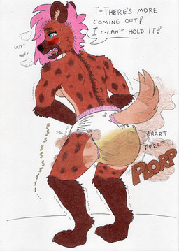 anthro bent_over blush clothed clothing diaper diaper_only fart feces feet female fur hair onomatopoeia paws pooping simple_background soiled_diaper soiling soiling_diaper solo sound_effects tail text tiptoes topless unclean_diaper used_diaper using_diaper wearing_diaper tishitathebaby hyena mammal hi_res traditional_media_(artwork)