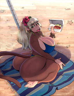 annoyed anthro beach beach_towel beach_umbrella big_breasts big_butt blonde_hair breasts butt cleavage clothed clothing ear_piercing ear_ring female hair huge_breasts huge_butt parasol piercing ring_piercing sharp_teeth sitting solo swimwear tail teeth thick_thighs towel wide_hips bigoldoinks lili_(agenteggy) haplorhine mammal monkey primate hi_res