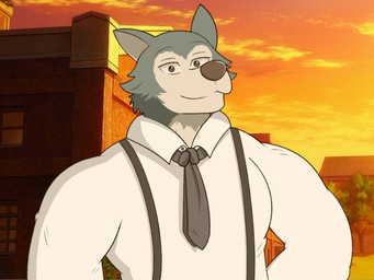 clothing fur grey_body grey_fur male multicolored_body multicolored_fur necktie outside school school_uniform solo suspenders uniform white_body white_fur kingfurball beastars legoshi_(beastars) canid canine canis mammal wolf 4:3 hi_res