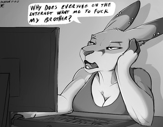 anthro big_breasts biped breasts cleavage clothed clothing computer countershade_arms countershade_breasts countershade_face countershade_fur countershade_hands countershade_neck countershade_torso countershading dialogue dipstick_ears ear_markings ear_piercing electronics eyebrow_piercing eyelashes facial_piercing female fur hand_on_head humor internet keyboard light_body long_ears monitor multicolored_ears open_mouth piercing shadow shirt snout solo speech_bubble tank_top text tongue topwear unimpressed lizet audrey_(lizet) kangaroo macropod mammal marsupial 2021 dated digital_drawing_(artwork) digital_media_(artwork) english_text greyscale meme monochrome