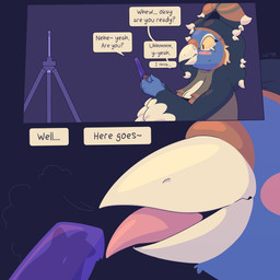 anthro beak blush bodily_fluids breath dialogue duo female food imminent_vore livestream male male/female nervous nervous_sweat popsicle size_difference speech_bubble sweat trapped vore scalesack_(hex) hemlock_(scalesack) merle_(bxxpie) aquatic avian bird leopard_seal mammal pinniped seal 1:1 absurd_res comic hi_res