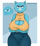 age_difference angry anthro arm_under_breasts bare_shoulders belt big_breasts biped black_claws black_eyebrows black_eyes black_markings blue_body blue_bottomwear blue_breasts blue_clothing blue_ears blue_eyelids blue_fur blue_markings blue_skirt border bottomwear breast_envy breasts brown_belt cat_cutout claws cleavage cleavage_cutout closed_frown clothed clothed_anthro clothed_female clothing crossed_arms cutout duo ears_down elderly elderly_anthro elderly_female envy eyebrows eyelashes eyelids female finger_claws fingers front_view frown fully_clothed fully_clothed_anthro fully_clothed_female fur geometric_background glistening glistening_breasts glistening_eyes glistening_nose glistening_shoulders huge_breasts iris lidded_eyes light_body light_fur looking_at_another looking_at_viewer markings mature_anthro mature_female monotone_body monotone_fur mouth_closed narrowed_eyes navel no_pupils older_female outline pattern_clothing pattern_sweater pattern_topwear pink_nose pivoted_ears pointy_ears prick_ears resting_bitch_face round_head simple_background skirt standing striped_clothing striped_sweater striped_topwear stripes sweater thick_eyebrows thick_thighs topwear turtleneck whisker_markings white_border white_outline yellow_clothing yellow_sweater yellow_topwear younger_female disastrouspanda cartoon_network the_amazing_world_of_gumball mary_senicourt nicole_watterson domestic_cat felid feline felis mammal 2024 artist_name digital_drawing_(artwork) digital_media_(artwork) hi_res portrait three-quarter_portrait daughter_(lore) mother_(lore) mother_and_child_(lore) mother_and_daughter_(lore) parent_(lore) parent_and_child_(lore) parent_and_daughter_(lore)