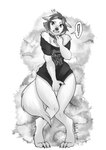 anthro bottomless clothed clothing collar covering covering_crotch digitigrade exclamation_point female hair hand_on_collar implied_transformation pigeon_toed shirt solo standing surprise surprised_expression topwear topwear_only wide_hips nakitacat canid mammal 2023 hi_res monochrome